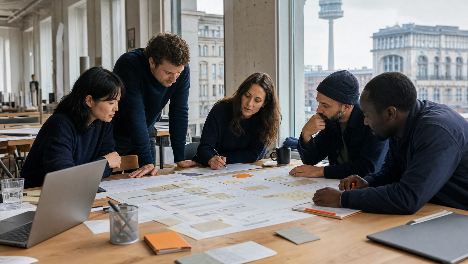 Erwachsene Teilnehmende arbeiten gemeinsam an einem Projektplan
